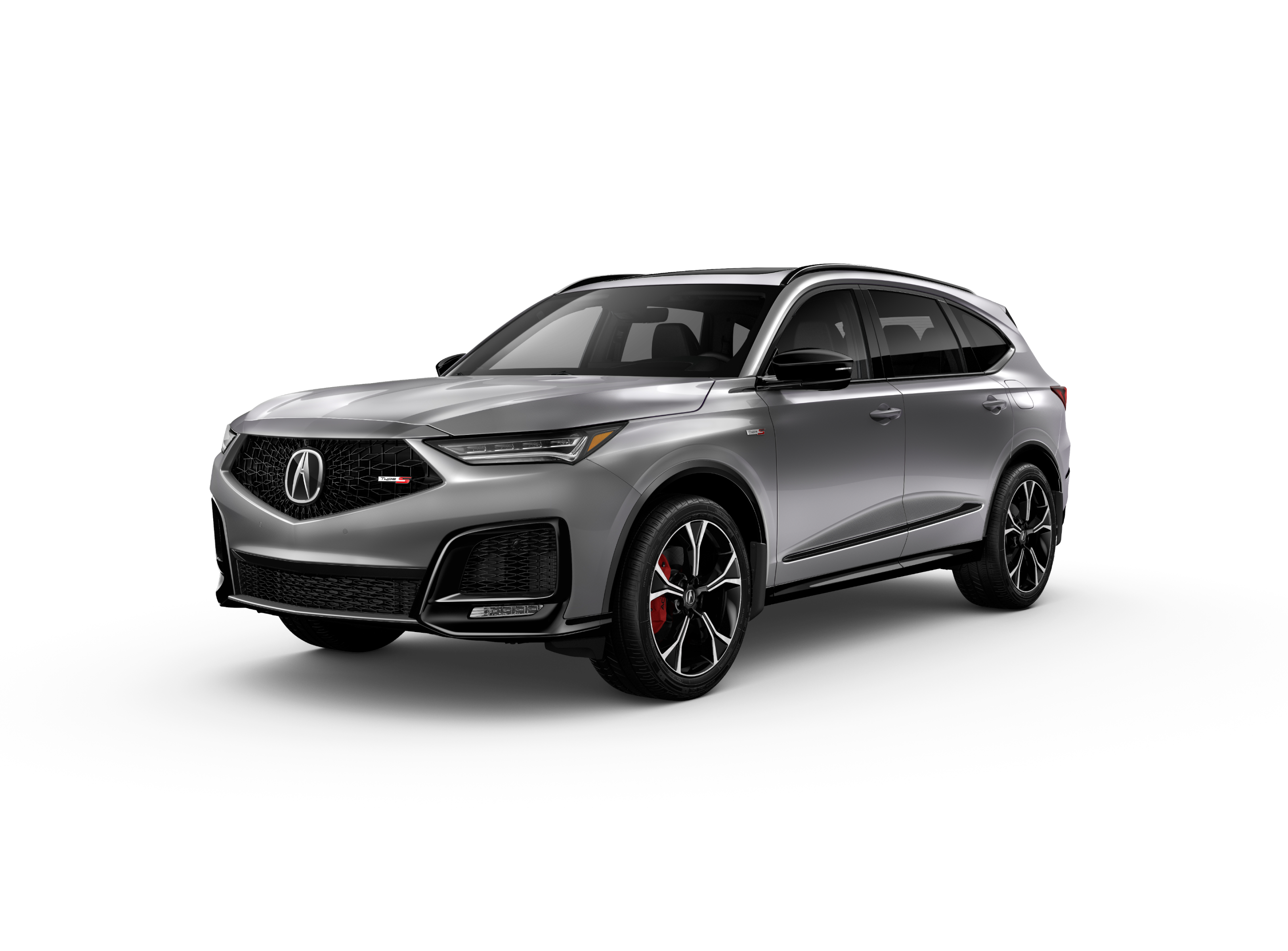 ¾ driver side front facing view of 2025 MDX Type S Ultra model in Lunar Silver Metallic colour